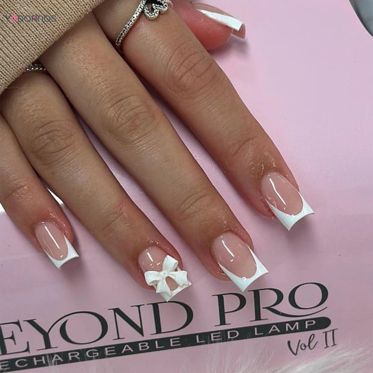 White French Press on Nails 3D Bowknot Fake Nails Tips Full Cover Wearable False Nails for Women and Girls DIY 24Pcs