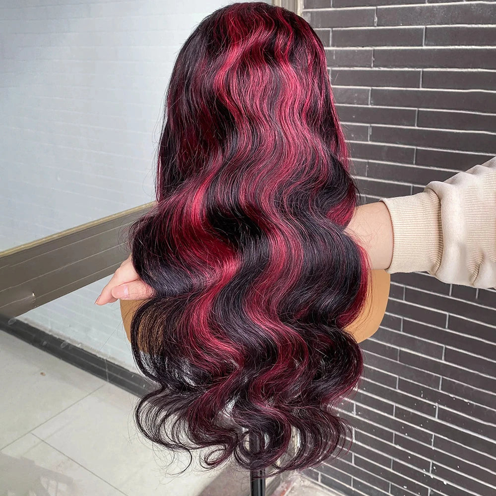 Omber Black With Red Colored Wigs Highlight Lace Front Wigs Human Hair Body Wave Brazilian 5x5 Hd Lace Frontal Glueless Wigs