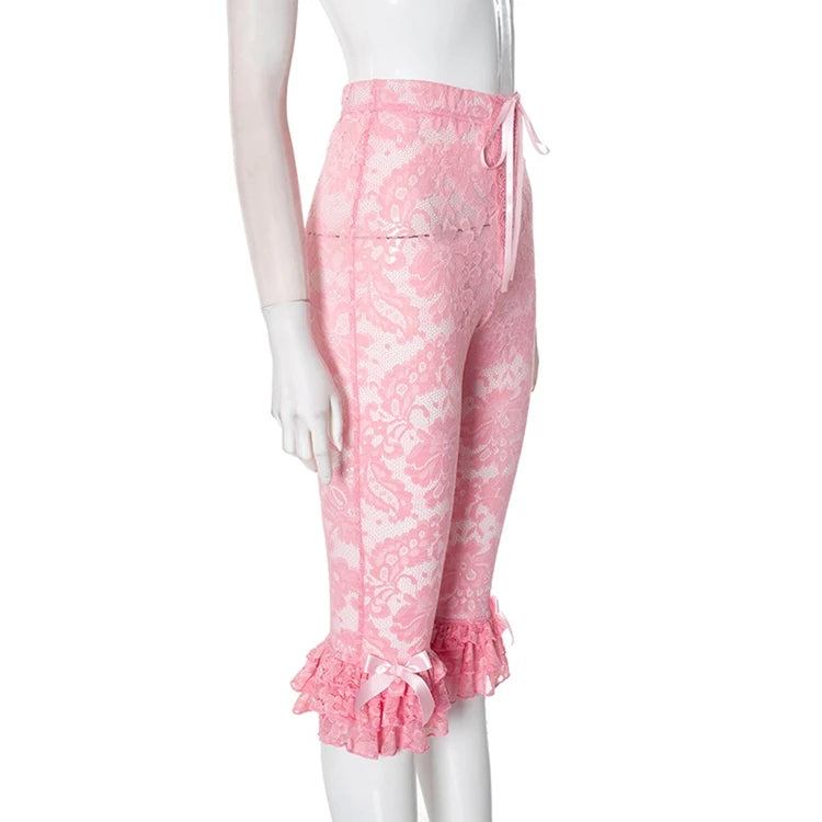 Lace Knee Length Pants, Summer Women Midi Waist Hollow Out Sexy Club Party See Through Leggings Pants