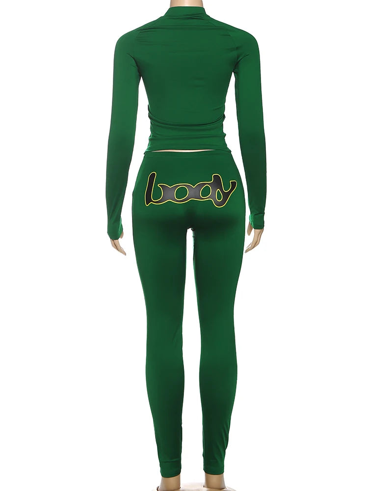 Weird Puss Casual Sporty Women2 Piece Set Letter Print Zip Crop Tops+Leggings Matching Street Stretch Skinny Streetwear Outfits