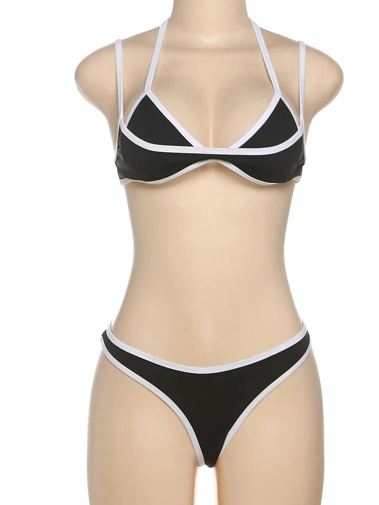 Weird Puss Patchwork 2 Piece Set Women Swimsuit Beach White Border Halter Bra Tops+Panties Basic Skinny Clubwear Vacation Suits