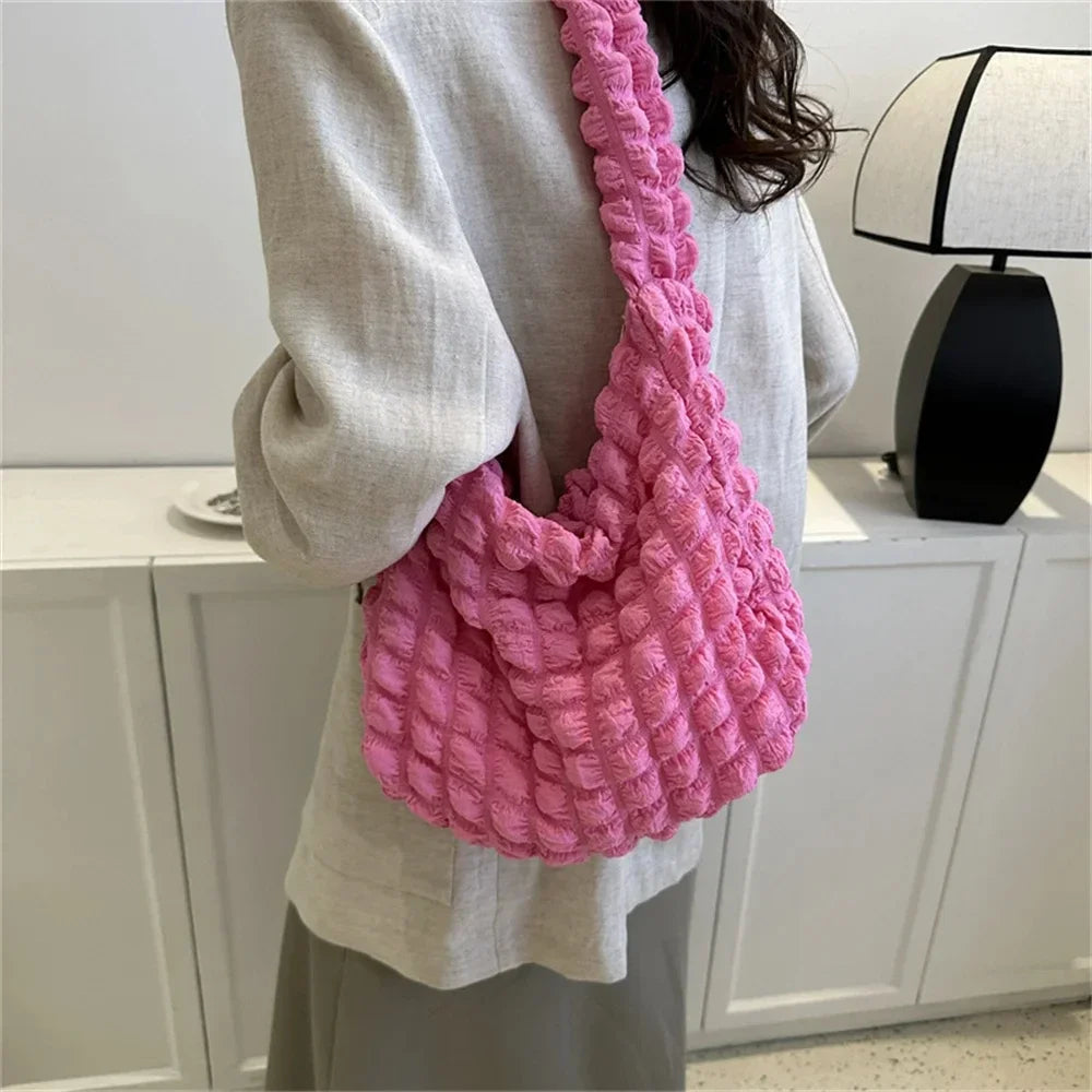 Pleated Embroidered Plaid Shoulder Bag – Crossbody & Underarm Bag, Stylish Large Capacity Quilted Tote for Women