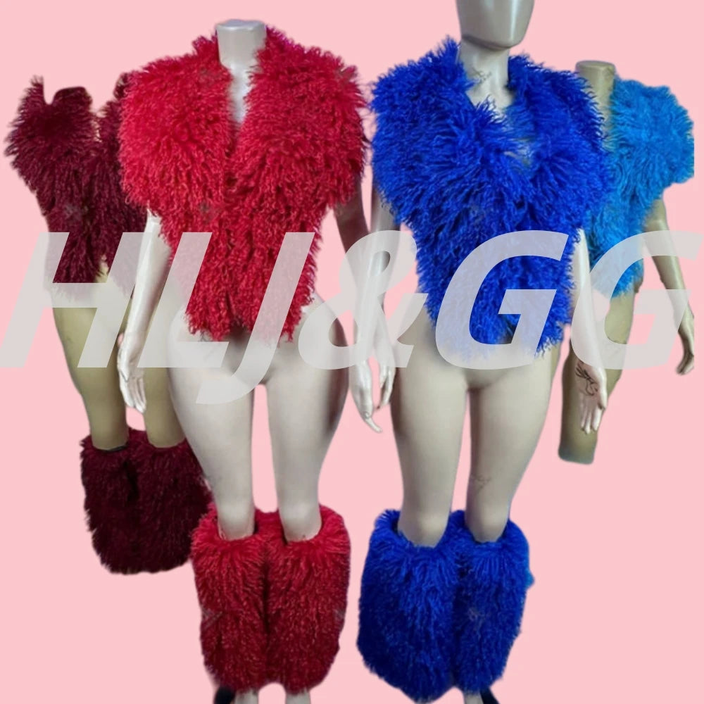 HLJ&GG Trend Y2K Two Piece Sets Women Fur Feather Halter Waistcoat Fashion Backless Lace Up Legs Cover Streetwear Clothing 2025