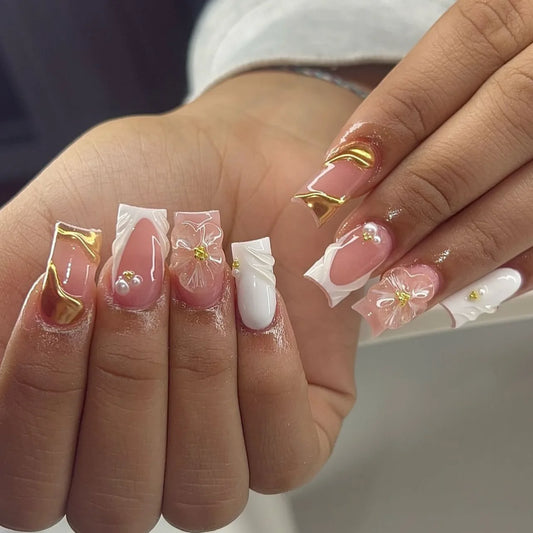 24pcs Short French Press on Nails with 3D Flower Design Fake Nail Tips Wearable Full Cover European Coffin Ballet Fake Nails