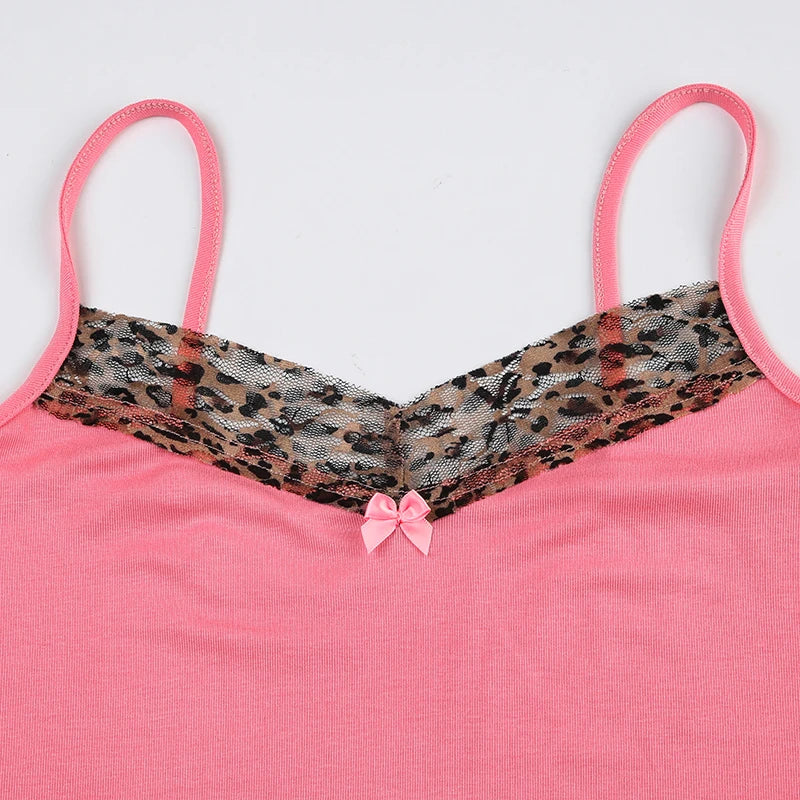 Sweetown Pink Sweet Cute Camisole Leopard Contrast Patchwork Y2K Crop Top For Women Sleeveless Slim Kawaii 2000s Tank Vest