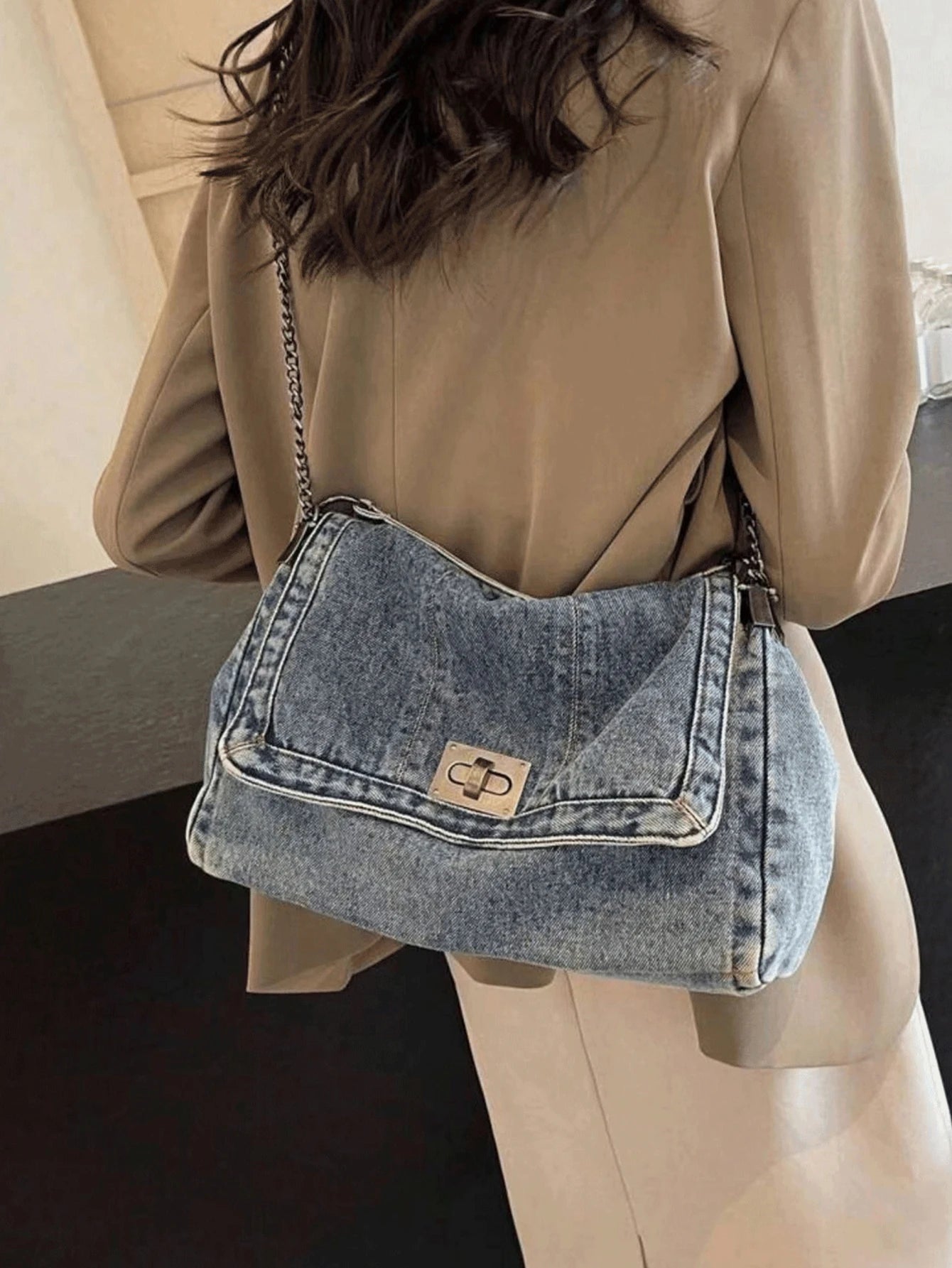 Jeans Tote Bag with Metal Buckle and Chain Strap Deep Blue Light Blue Black Vintage Stitching Design for Women Non-Adjustable Sl