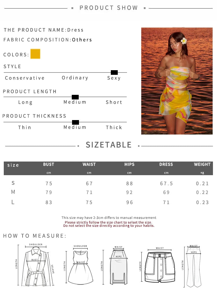 Weird Puss Colorful Print Strapless Dress Women Thin Irregular Multilayer Mesh Side Knot Hollow Beach Vacation Club Mini Bodycon