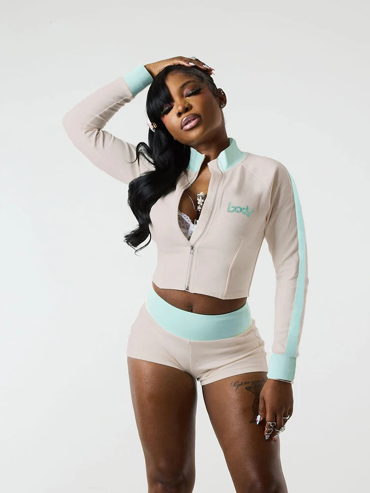 Weird Puss Casual Women 2Piece Set Letter Embroidery Zip Crop Jacket+Widewaist Shorts Matching Streetwear Stretch Sporty Outfits