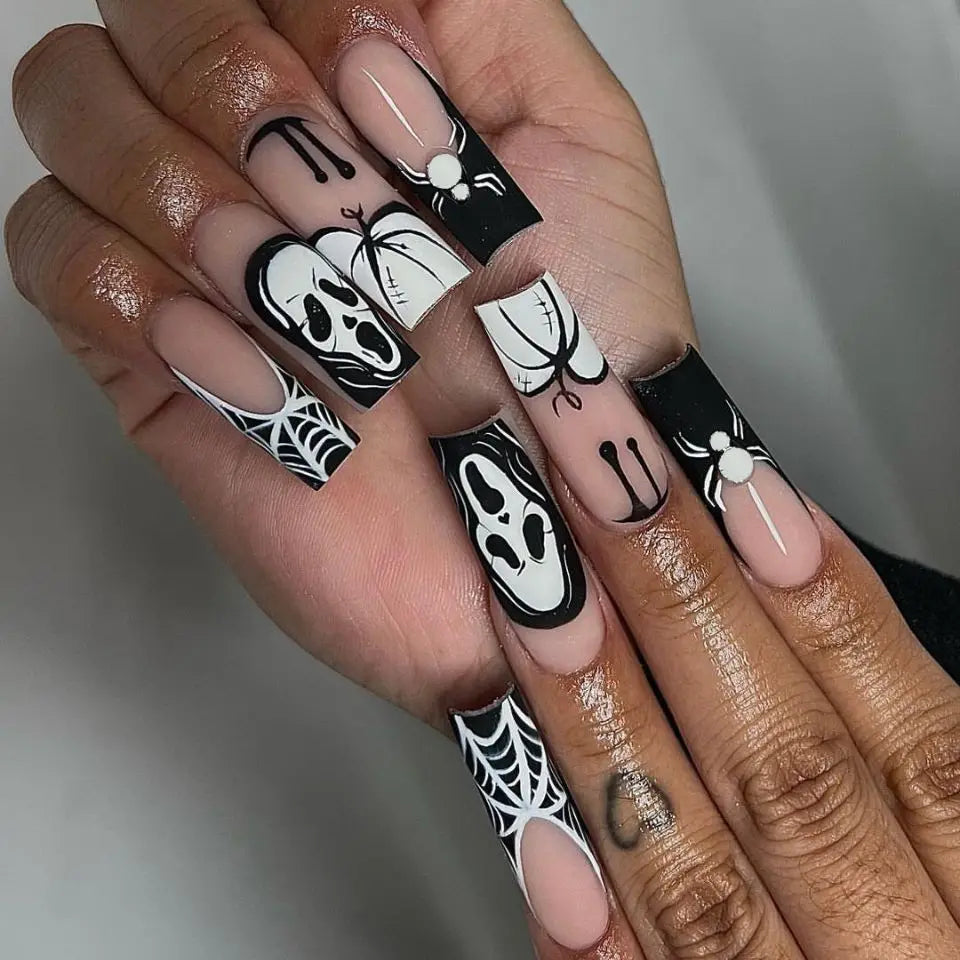 24pcs Glitter Pink Sequins Fake Nails 2025 Halloween Scary Skull Love Print False Nails Wearable European Ballet Press on Nails