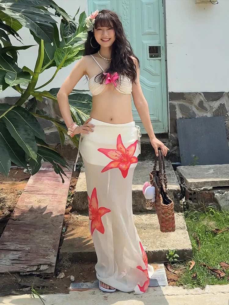 Weird Puss Beach Party 2-Piece Set Women Y2K Halter 3d Flowers Bra+Flower Print Mesh Lace-Up Skirts Matching Summer Trend Suit
