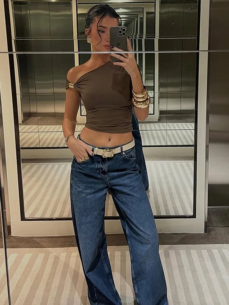 Off Shoulder Top Women Ruched Fashion Skew Collar Single Sleeve Daily Casual Solid Simple Streetwear