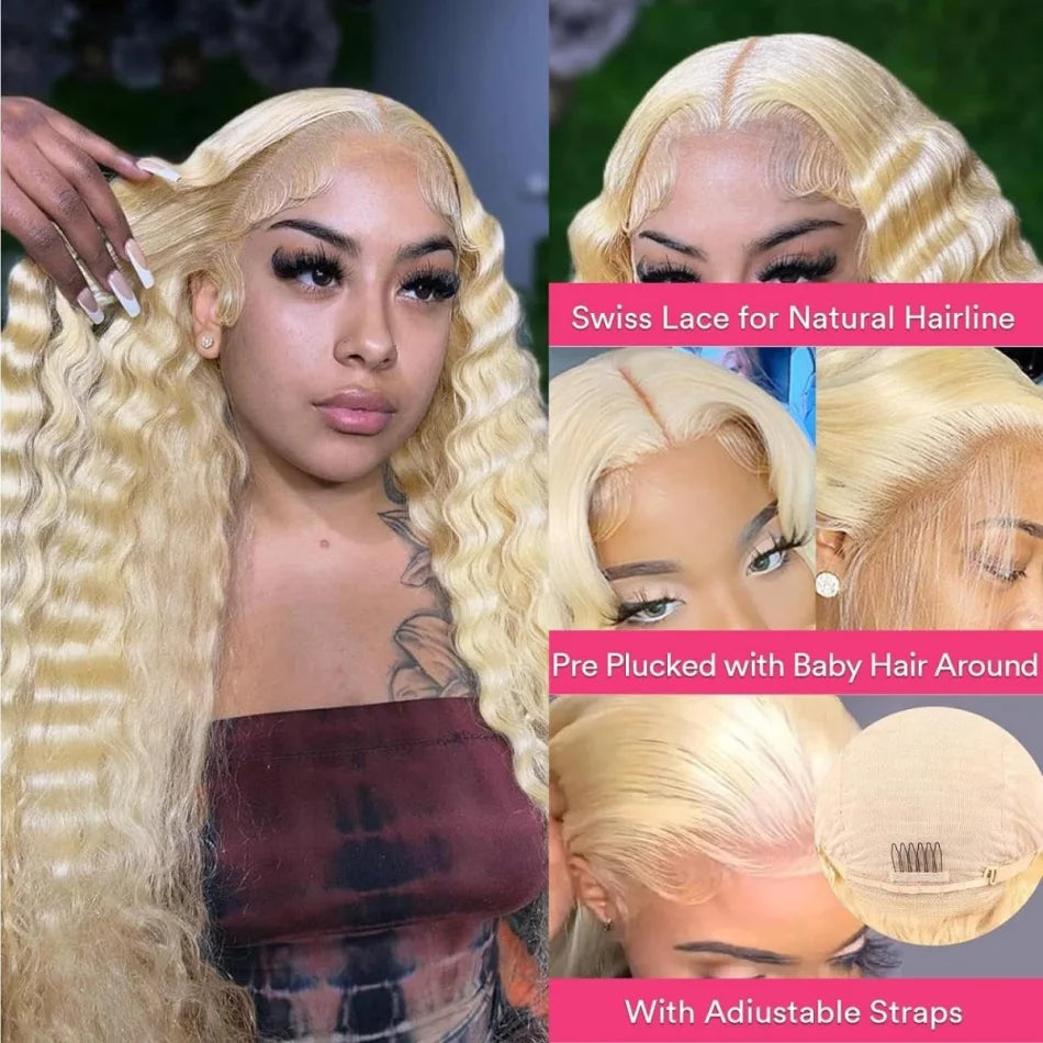 Deep Wave 613 Lace Front Wig Human Hair 13X6 30 32 Inch Blonde Wig Human Hair 220 Density Pre Plucked Lace Frontal Wig For Women