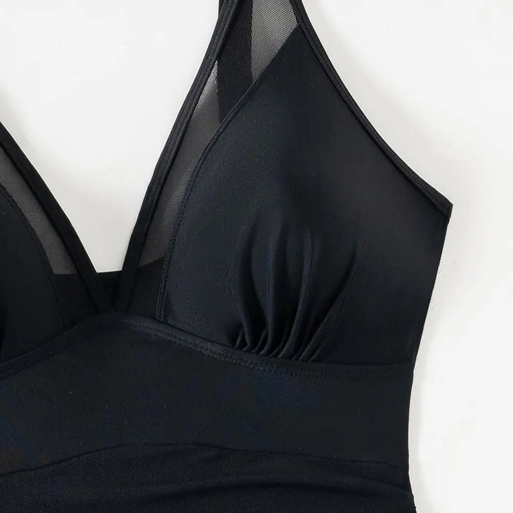 Women's Swimsuit Solid Color V Neck Tummy Control Swimwear Sexy Mesh Sheer Wrap Bathing Suit For Beach Vacation