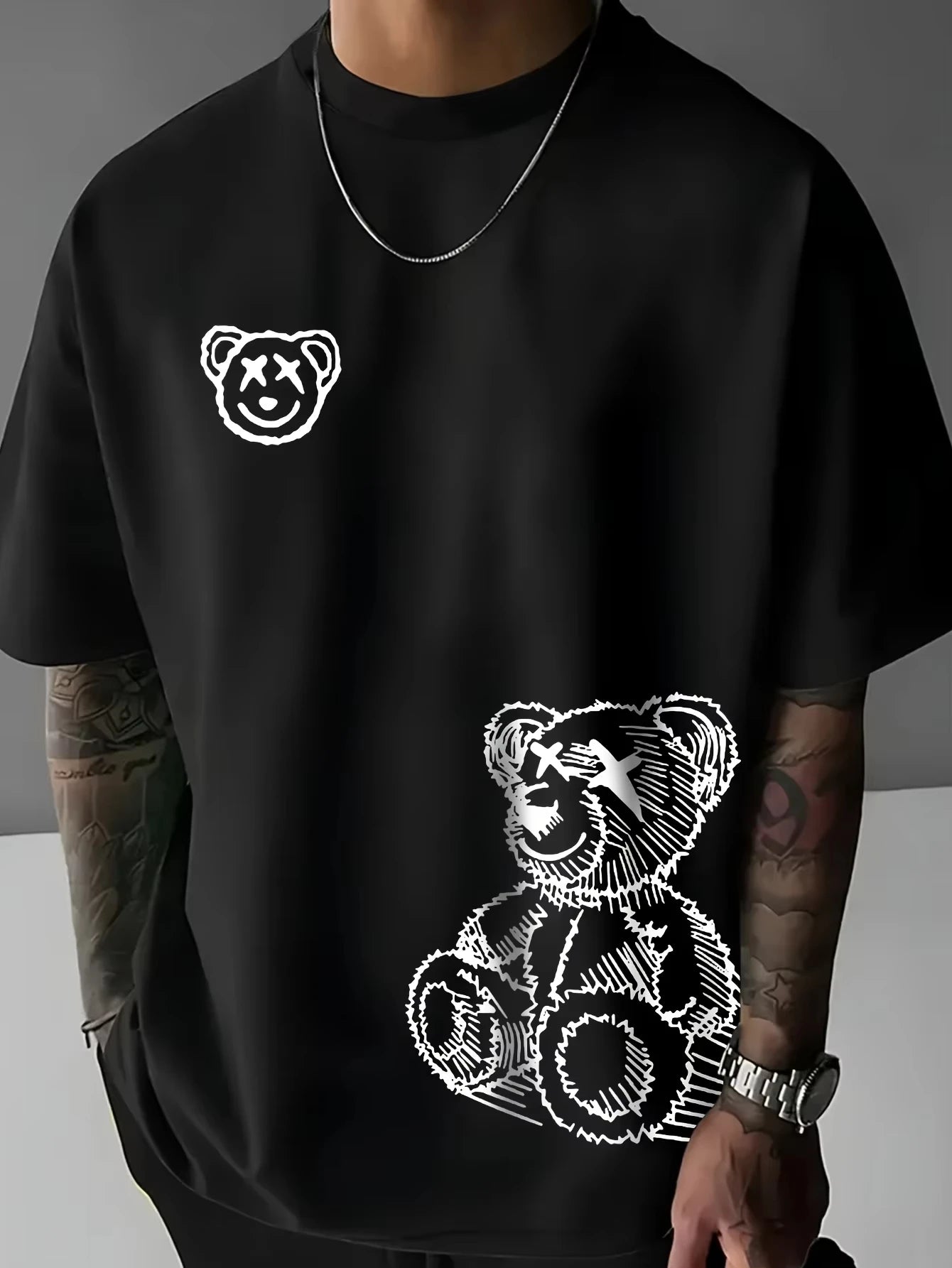 Summer Men's  Pure Cotton Casual Sports Loose and Fashionable Cartoon Bear Pattern Printed Round Neck Short Sleeved T-shirt