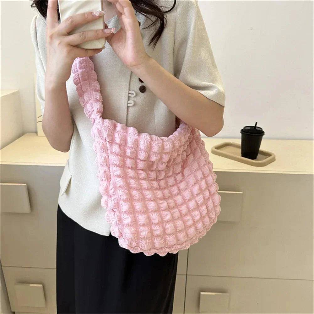 Pleated Embroidered Plaid Shoulder Bag – Crossbody & Underarm Bag, Stylish Large Capacity Quilted Tote for Women