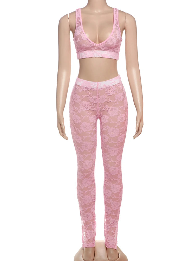 2 Piece Set, lace Coquette Wide Belt Tank Tops+Leggings
