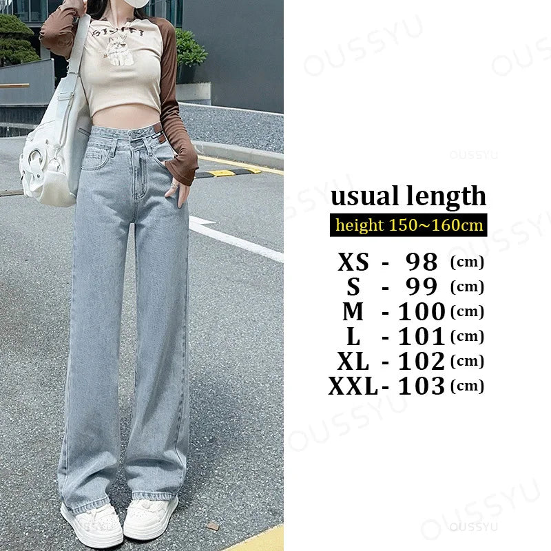 OUSSYU Woman Jeans High Waist Straight Wide Leg Cotton  Clothing Blue Streetwear Vintage Fashion Harajuku Women Trousers
