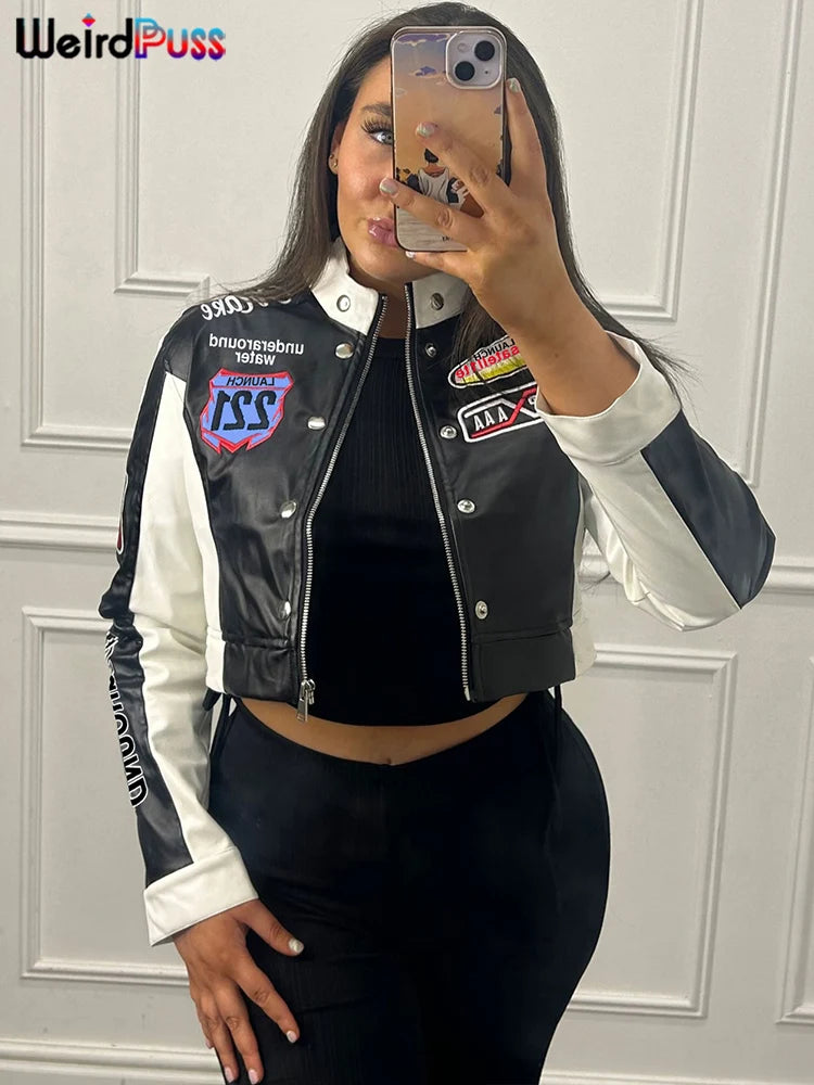 Weird Puss Hipster Patchwork Jacket Women Y2K Letter Print Hipster Uniform Street Single-Breasted Hipster Autumn Trend Zip Coat