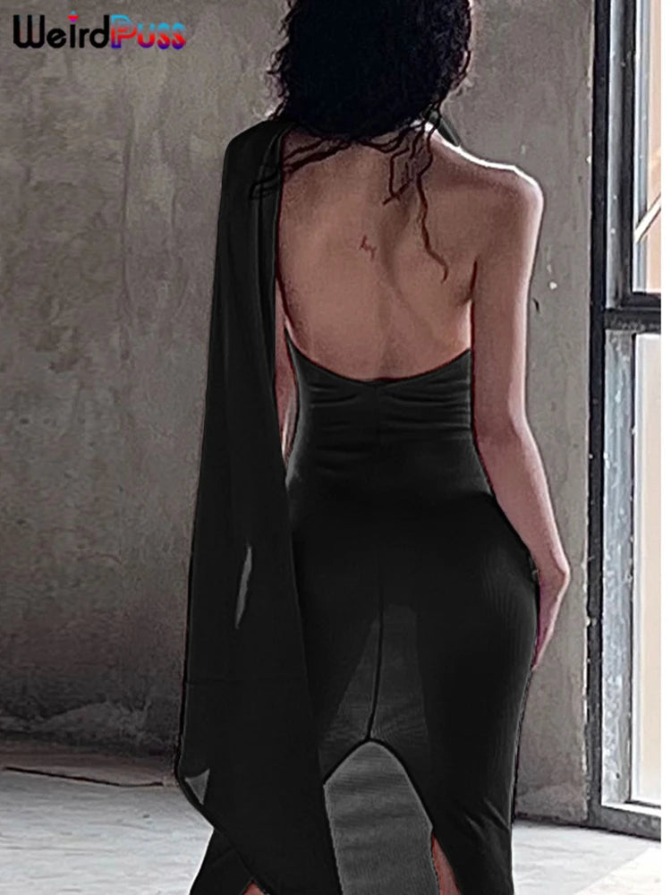 Weird Puss Backless Halter Women Evening Dress With Scarf Hollow Back Split Skinny Ladies Formal Occasion Prom Bodycon Vestidos