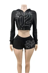 STYLISH LADY Letter Printed Sporty 2 Piece Set Women Long Sleeve Zipper Hoodies Crop Top and Shorts Suits 2025 Autumn Tracksuits
