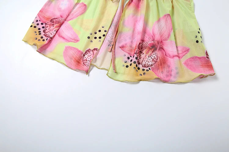 Weird Puss Flower Print Fashion 2 Piece Set Women Halter Lace-Up Backless Ruched Camisole+Skinny Skirt Vacation Beach Party Suit