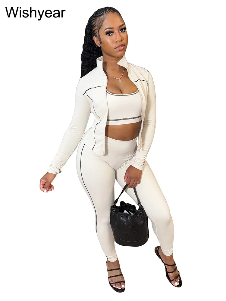 Sports Women's Stripe Pink 3-Piece Pants Set Long Sleeve Crop Top Tank Leggings Skinny Autumn Active Fitness Streetwear Outfits