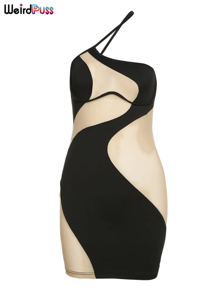 Weird Puss 2022 Mesh Patchwork Sexy Dress Women Sleeveless One Shoulder Skinny Summer Vacation Birthday Party Clubwear Bodycon