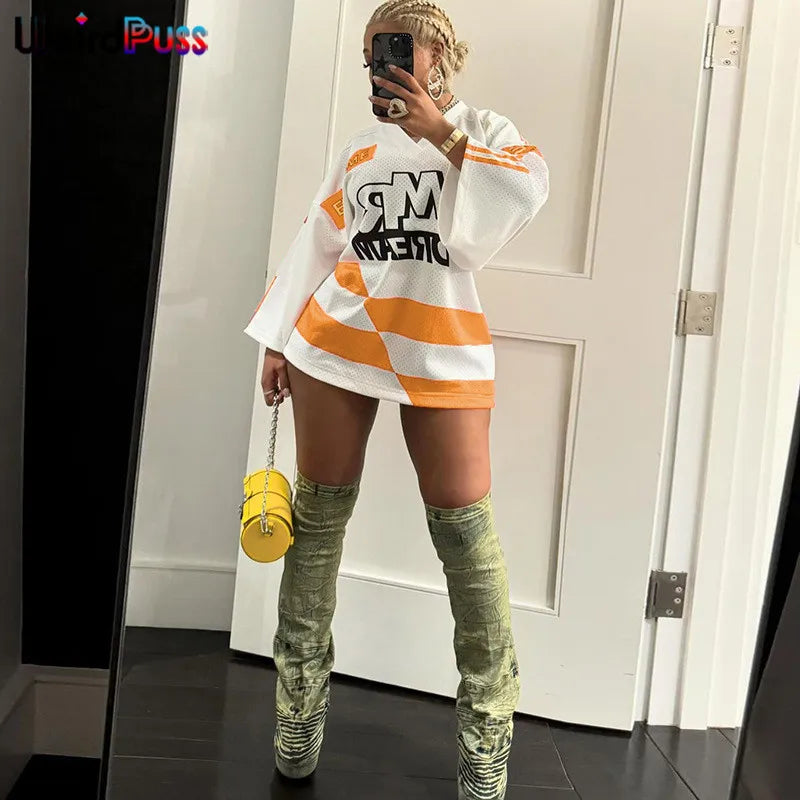 Casual Hipster Women T-Shirt Contrast Letter Print Long Sleeve V-Neck Wild Streetwear Loose Summer Comfortable Tees