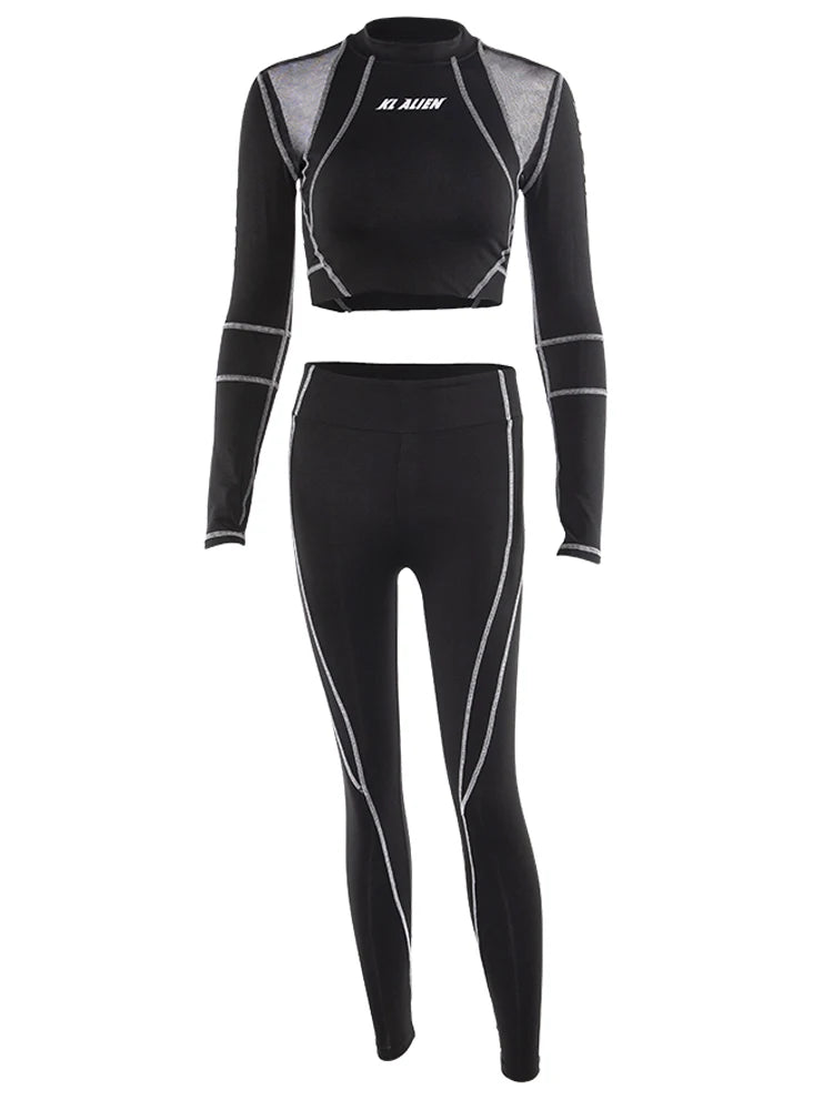 2Piece Set Fitness Full Sleeve Crop Top + Elastic Leggings