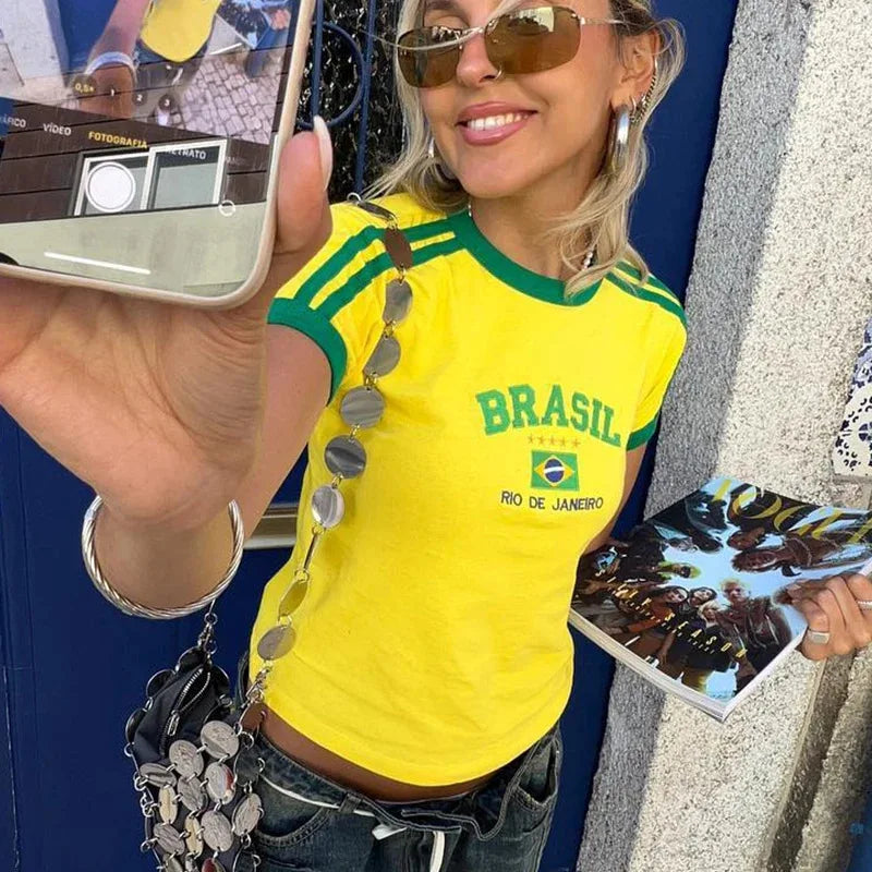 Aesthetic BRASIL Letter Print T-Shirt and Shorts Suit, Vintage Grunge  Short Sleeve Baby Tees, Summer Crop Top Y2k Clothe