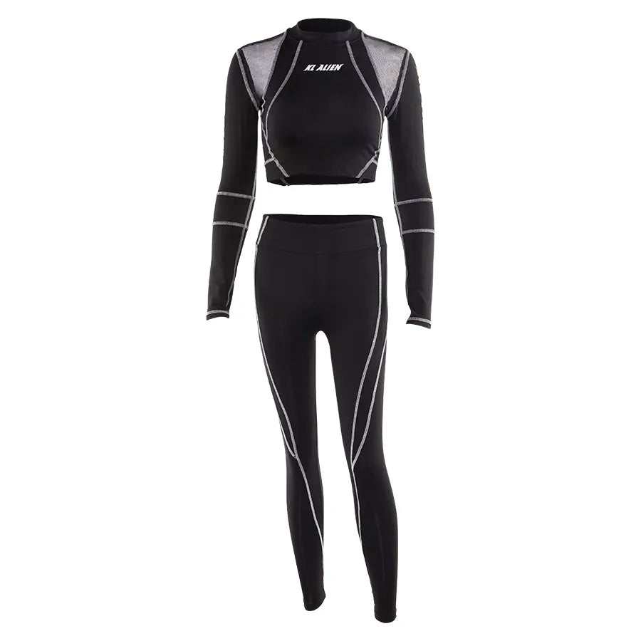 2Piece Set Fitness Full Sleeve Crop Top + Elastic Leggings