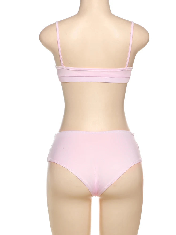 Weird Puss Heart Hollow 2 Piece Set Women Simple Vacation Camisole+Panties Beach Style Matching Stretch Street Comfortable Suit
