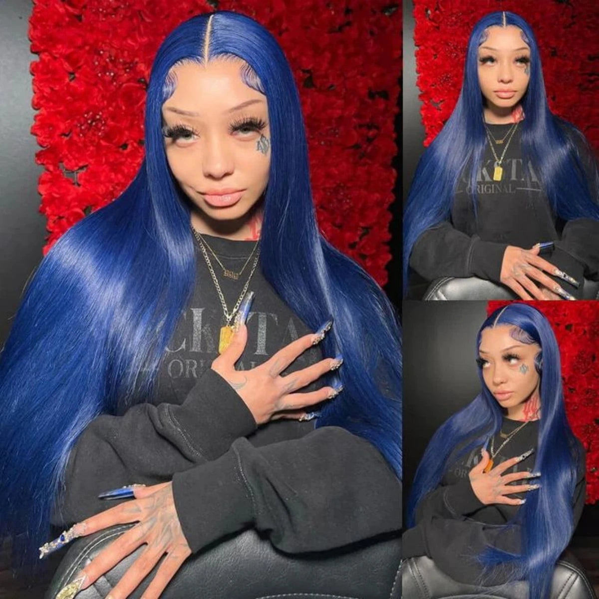 Straight Navy Blue 13x4 Human Hair Lace Frontal Wigs Blue Transparent Lace Front Wigs For Women Brazilian Pre Plucked Hair Wigs