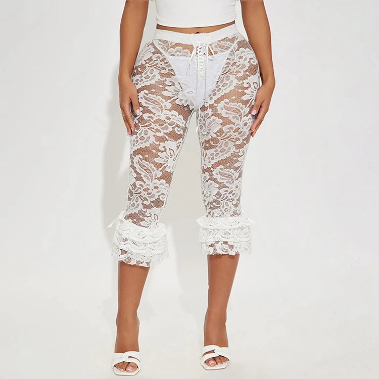 Lace Knee Length Pants, Summer Women Midi Waist Hollow Out Sexy Club Party See Through Leggings Pants