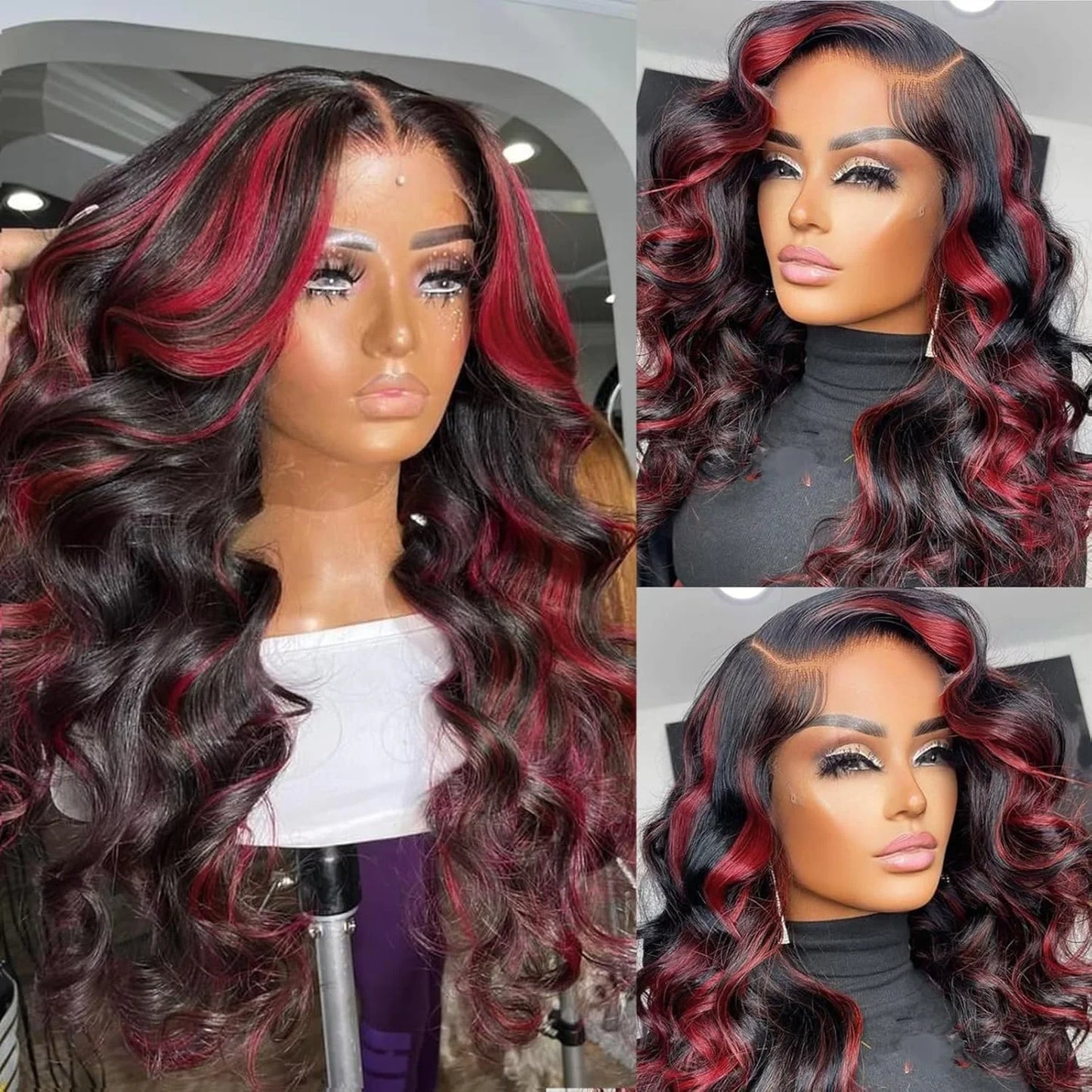 Omber Black With Red Colored Wigs Highlight Lace Front Wigs Human Hair Body Wave Brazilian 5x5 Hd Lace Frontal Glueless Wigs