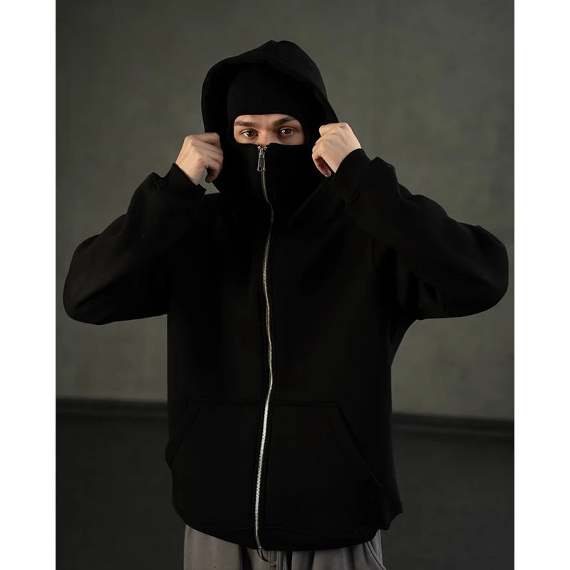 Men's Double Hat Mask Zipper Design Winter Windproof Hoodie Sports Jacket Outdoor Activities Hiking Travel Running Sweatshirt ﻿