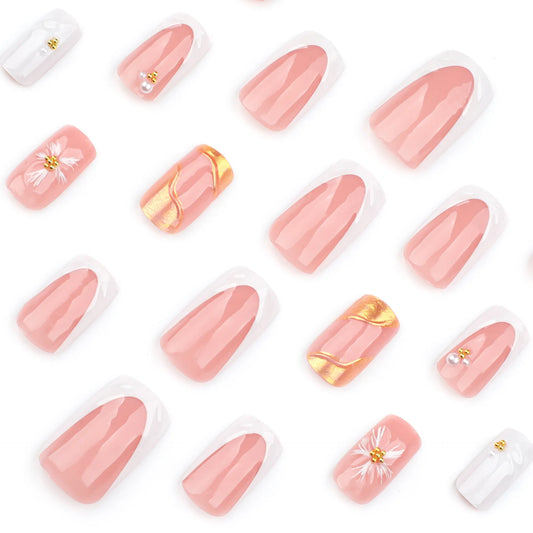 24pcs Short French Press on Nails with 3D Flower Design Fake Nail Tips Wearable Full Cover European Coffin Ballet Fake Nails