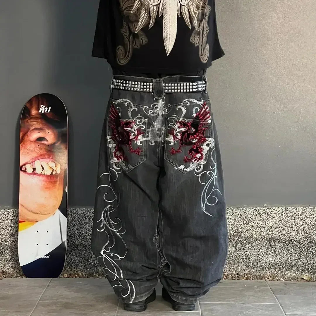 Korean pink heart-shaped pocket printed hot girl wide-leg jeans women's summer simple design high-waisted jeans straight pants