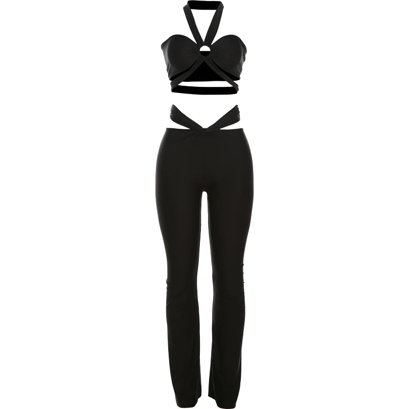 2 Piece Set, Cross Wrapped Camisole+Ruched Hollow Leggings