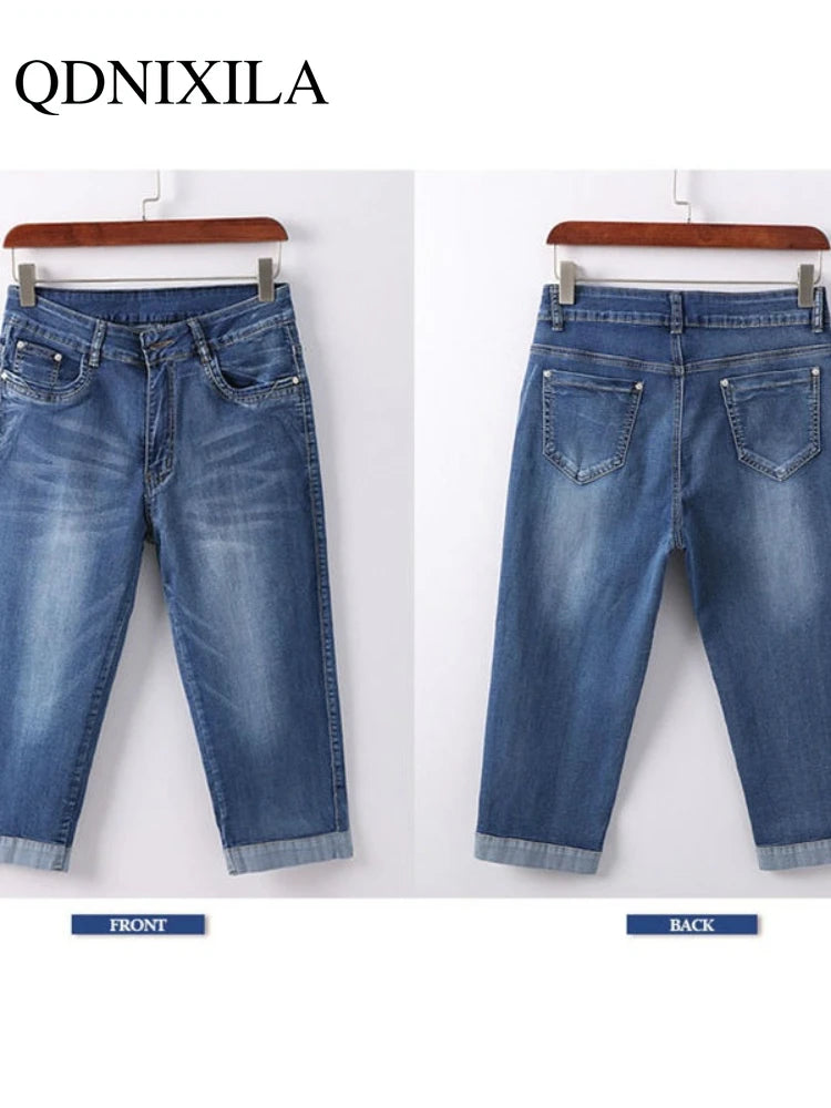 Knee Length Jeans female Elastic High Waist Mom Jeans Oversize