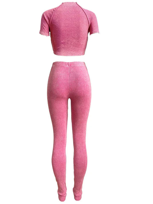Kricesseen Breaking The Rules Mineral Wash Set Two-Piece Outfits Casual Ribbed Tracksuits Set Night Club Outfits Fitted Overalls