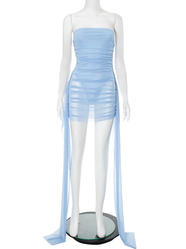 Weird Puss See  Through Dress Women Backless Sleeveless Tassel Double Deck Pleated Sexy Midnight Clubwear Party Mini Bodycon