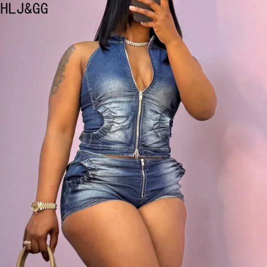 Blue Fashion jeans Halter Two Piece Sets Women Sleeveless, Backless Slim Crop Top And Skinny Jean Pants Outfits Streetwear