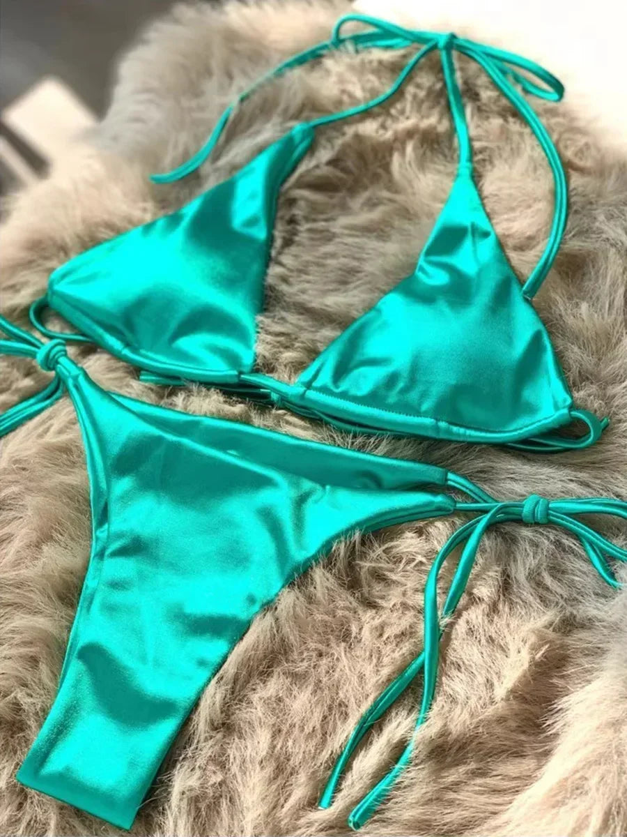 Halter Brazilian Metallic Satin Bikini  Swimwear, Swimsuit Two-pieces Bikini Set High Cut Bathing Suit Swim Beachwear