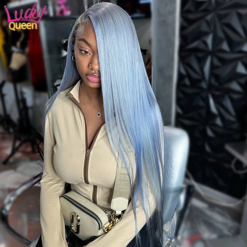 Icey Blue Silver Gray 13x6 Front 613 Colorful Wigs 180 Density Human Hair Pre Plucked For Women Transparent Lace Straight 13X4