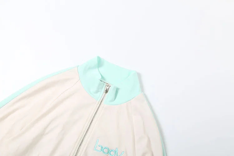 Weird Puss Casual Women 2Piece Set Letter Embroidery Zip Crop Jacket+Widewaist Shorts Matching Streetwear Stretch Sporty Outfits